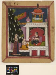 ? Raga: Klęczący mężczyzna ofiarowuje księdze kobiecie w pawilonie, ok. 1800 (nieprzezroczysta akwarela na papierze)