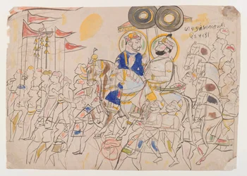 Raja Ram Singh II z Kotah i Ramkishan Singh z Udaipur, ok. 1850 (tusz i kolor na papierze) cm)