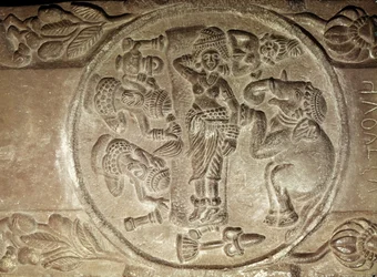 Relief przedstawiający sen Majów, z buddyjskiej stupy z Bharhut, Madhya Pradesh, późny okres mauriański, dynastia Sunga (180-72 p.n.e.)