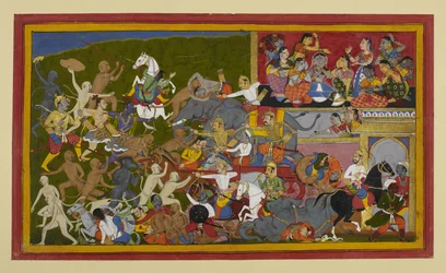 Rāma i Lakṣmaṇa zabijają demony, gdy żeńskie tytanki opłakują, przypominając sobie przepowiednię
