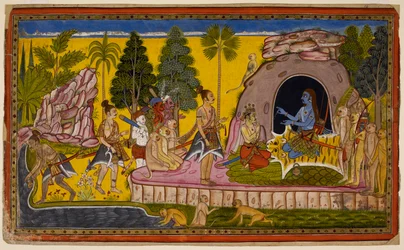 Rāma koronuje Vibhīṣaṇa na króla Laṅkā i przygotowuje się do szukania pomocy Oceanu, by stworzyć ścieżkę do Laṅkā. 1653 (miniatura)