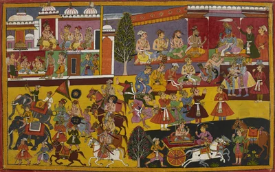 Rāma obejmuje Bharatę, a jego poddani proszą, by mu towarzyszył