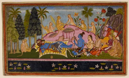 Rāma, w swojej tygrysiej skórze, spędza trzy dni błagając Ocean, ale ten pozostaje bez odpowiedzi. c1653 (miniatura)