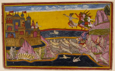 Rāma, z pomocą małpiego inżyniera Nali, buduje most przez morze do Laṅkā, umożliwiając przejście małpom i demonom, ok. 1653 r. (miniatura)