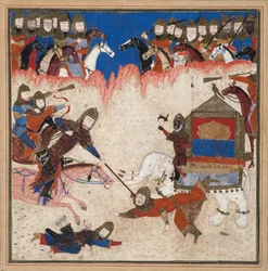 Rustam lassos, Khaqan z Chin i wyciąga go ze swojego słonia, ok. 1450 (nieprzezroczysta toaleta i złoto na papierze)