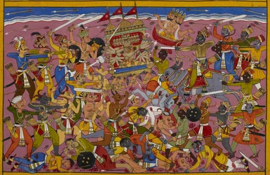 Rāvaṇa walczy z Yamą, ale Brahma interweniuje, by go chronić