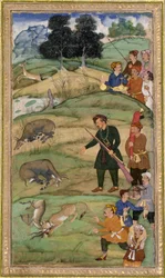 Salim, trzymający karabin, pokazuje martwego nilgai, ok. 1600 (nieprzezroczysta toaleta i złoto na papierze)
