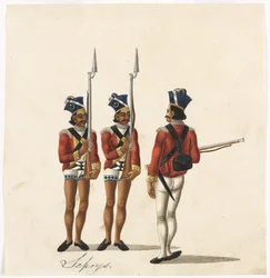 Sepoys i indyjski oficer, armia bengalska, c.1815 (akwarela na papierze)