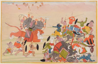Devi pokonuje Mahishasurę, folio z rozproszonej serii Devi Mahatmya, ok. 1770-80 (wc na papierze)