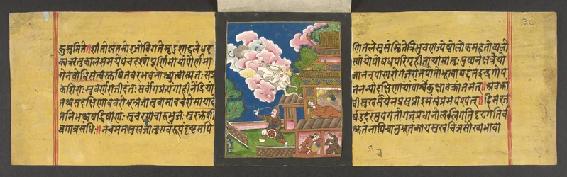 Lalitavistara, napisana w sanskrycie pismem Devanagari na papierze, królowa Maya śni o białym, pięknym słoniu wchodzącym do jej łona, I.O San 688, f.36r.