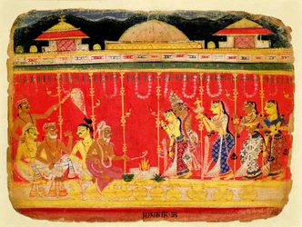 Małżeństwo rodziców Kryszny, z rozproszonego rękopisu Bhagavata Purana z Mewar, Radżastan, ok. 1520-50 (nieprzezroczysta toaleta na papierze)