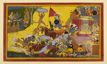 Vajradaṃṣṭra zostaje zabity przez Aṅgadę pośród znaków; strona Rāmy raduje się