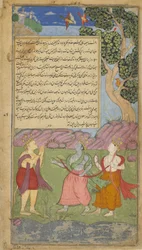 Vol.1 fol.140 Hanuman podchodzi do Tamy i Laksmany w przebraniu ascety (nieprzezroczysta akwarela, tusz i złoto na papierze)