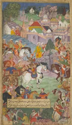 Vol.1 fol.20 Dasaratha wyrusza w kierunku Angady, aby zaprosić Rsyasrngę do swojej siedziby (nieprzezroczysta toaleta, atrament i złoto na papierze)
