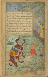 Vol.2 fol.226 Angada bije demona Narantakę (nieprzezroczysta akwarela, atrament i złoto na papierze)