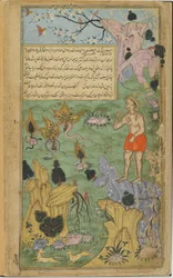Vol.2 fol.234 W Jambavans ponaglając, Hanuman udaje się w Himalaje, aby znaleźć cztery rośliny lecznicze (nieprzezroczysta akwarela, atrament i złoto na papierze)