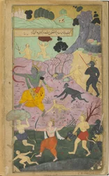 Vol.2 fol.237 Rama i Laksmana dołączają do ataku na Lankę (nieprzezroczysta akwarela, tusz i złoto na papierze)
