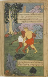 Vol.2 fol.242 Hanuman pokonuje Nikumbhę, wyrywając mu głowę (nieprzezroczysta akwarela, atrament i złoto na papierze)