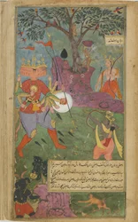 Vol.2 fol.264 Ravana strzela magiczną bronią asura w Ramę (nieprzezroczysta akwarela, atrament i złoto na papierze)