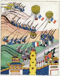 Plakat przedstawiający wojska francuskie używające zdobytych balonów w czasie podboju Tonkinu, 1884