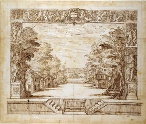 Proscenium i scena stojąca, ok. 1635 (pióro i atrament na papierze)