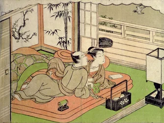 Druk "Shunga" (erotyczny): kochankowie słuchający kukułki autorstwa Ippitsusai Buncho (1725-94)