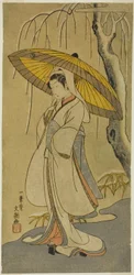 Aktor Segawa Kikunojo II jako Heron Maiden w sztuce „Cotton Watting of Izu Protecting the Matrimonial Chrysanthemums (Myoto-giku Izu no Kisewata)” wystawianej w Teatrze Ichimura od pierwszego dnia jedenastego miesiąca 1770