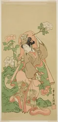 Aktor Segawa Kikunojo II w tańcu Shakkyo w sztuce Soga Moyo Aigo no Wakamatsu, wystawionej w Teatrze Nakamura w drugim miesiącu, 1769