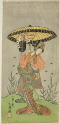 Aktor Yamashita Kinsaku II jako Nijo no Kisaki (?) w sztuce Natsu Matsuri Naniwa Kagami (?), wystawionej w Teatrze Morita (?) w siódmym miesiącu 1770 (?)
