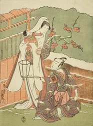 Aktorzy Arashi Sangoro II jako Minamoto no Yoritomo przebrany za twórcę kapeluszy