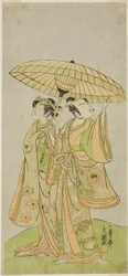 Aktorzy Ichikawa Komazo II jako Chunagon Yukihira (po prawej) i Iwai Hanshiro IV jako Murasame (po lewej), w sztuce Kuni no Hana Ono no Itsumoji, wystawionej w Teatrze Nakamura w jedenastym miesiącu, 1771