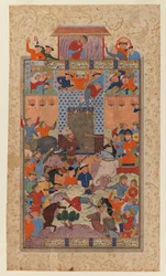 Folio z Shahnameh: The Iranians Capture Afrasiyabs Fortress, ok. 1580-1590 (atrament i nieprzezroczysta toaleta na papierze)