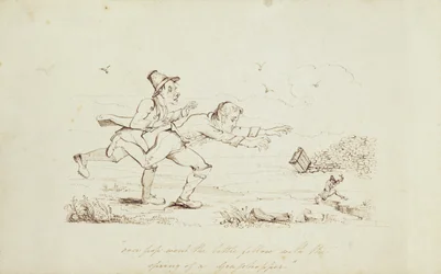 Over Pop Went the Little Fellow with the Grasshopper, ilustracja książkowa przedstawiająca dwóch Irlandczyków goniących Leprechauna, XIX w. (pióro i atrament na papierze)