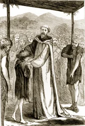 Św. Kolumba błogosławi dzikiego chłopca, z Trias Thaumaturga, czyli Trzech Cudownych Świętych Irlandii, autorstwa Mary Cusack (1829-99) opublikowanych ok. 1890