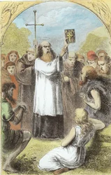 Św. Patryk przedstawiający mieszkańcom Irlandii Cztery Ewangelie z Trias Thaumaturga, czyli Trzech Cudotwórczych Świętych Irlandii, autorstwa Mary Cusack (1829-99) opublikowanych ok. 1890 (późniejszy kolor