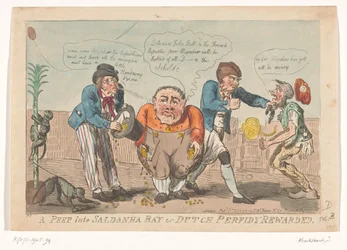 Karykatura przedstawiająca kapitulację floty Batawów w zatoce Saldanha, 1796 Zajrzenie do Saldanha Bay lub Holenderska Perfidia Nagrodzona (tytuł na obiekcie)