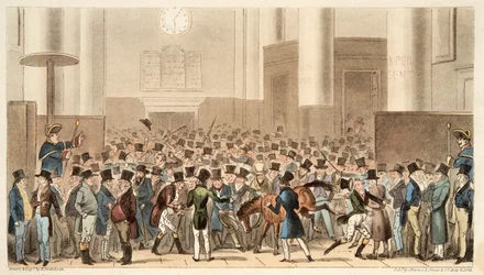 Bulls and Bears in High Bustle, czyli Billy Wrights Poney został członkiem giełdy z The English Spy, pub. 1824 (grawerowanie ręcznie kolorowane)