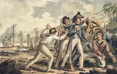 Kapitan Burney odkrywa zamordowanych towarzyszy z załogi, ilustracja z „The Voyages of Captain Cook”