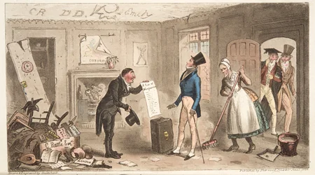 College Comforts, Freshman przejmujący swoje pokoje, z The English Spy, wyd. 1824 (grawerowanie ręcznie kolorowane)
