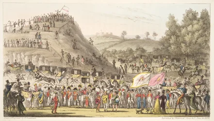 Eton Montem i góra, Salt Hill, z The English Spy, wyd. 1824 (grawerowanie ręcznie kolorowane)