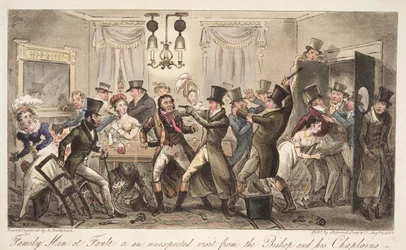 Family Men at Fault, czyli niespodziewana wizyta biskupa i jego kapelanów, z The English Spy, wyd. 1824 (grawerowanie ręcznie kolorowane)