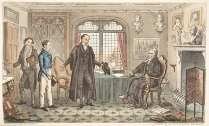 First Bow to Alma Mater, czyli wprowadzenie Bernarda Blackmantlesa do Big Wig, z The English Spy, opublikowanego w Londynie, 1824 (ręcznie kolorowane grawerowanie)