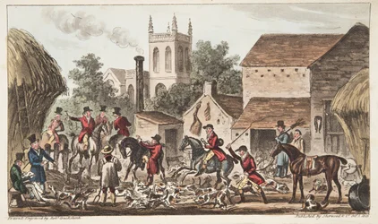 Wychodzić; Widok hodowli Berkeley Hunt, z książki The English Spy opublikowanej w 1824 r. (ręcznie kolorowane grawerowanie)