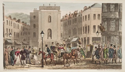 Milsom Street i Bond Street z portretami Bath Swells, z The English Spy, opublikowane w Londynie, 1824 (ręcznie kolorowane grawerowanie)