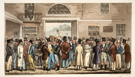 Poniedziałek po Wielkim St Leger, czyli Heroes of the Turf Płacenie i otrzymywanie w Tattersalls, z The English Spy, wyd. 1824 (grawerowanie ręcznie kolorowane)