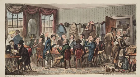 The Bags, Mens Bankiet w Bell Inn, Cheltenham, z The English Spy, wyd. 1824 (grawerowanie ręcznie kolorowane)