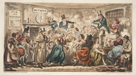 The Buff Club at the Pig and Whistle, Avon Street, Bath, z The English Spy, wyd. Londyn, 1824 (ręcznie kolorowane grawerowanie)