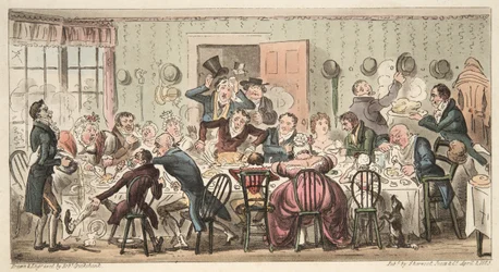 Cits Sunday Ordinary w Gate House Highgate; lub każdy Wieprz do własnego Jabłka, z The English Spy, pub. 1824 (grawerowanie ręcznie kolorowane)