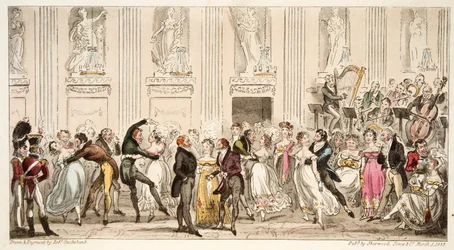 Bal Cypriana w Argyle Rooms, z The English Spy, wyd. 1824 (grawerowanie ręcznie kolorowane)