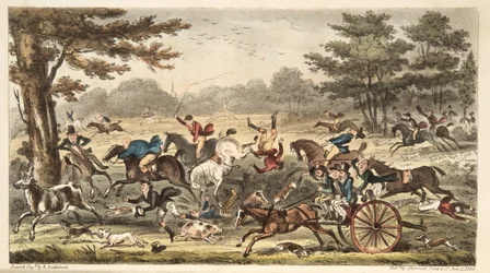 Polowanie w Epping, czyli cockneyowskie komiczne sceny w pełnym pościgu, z publikacji The English Spy, wydanej w 1824